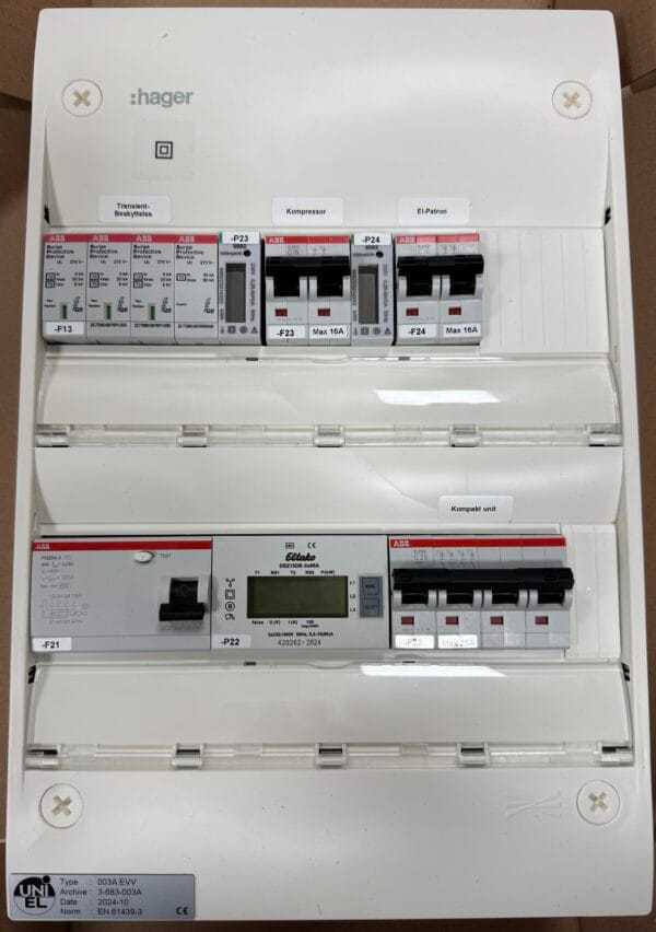 Færdigmonteret eltavle til 6 KW varmepumpe og kompakt unit.
